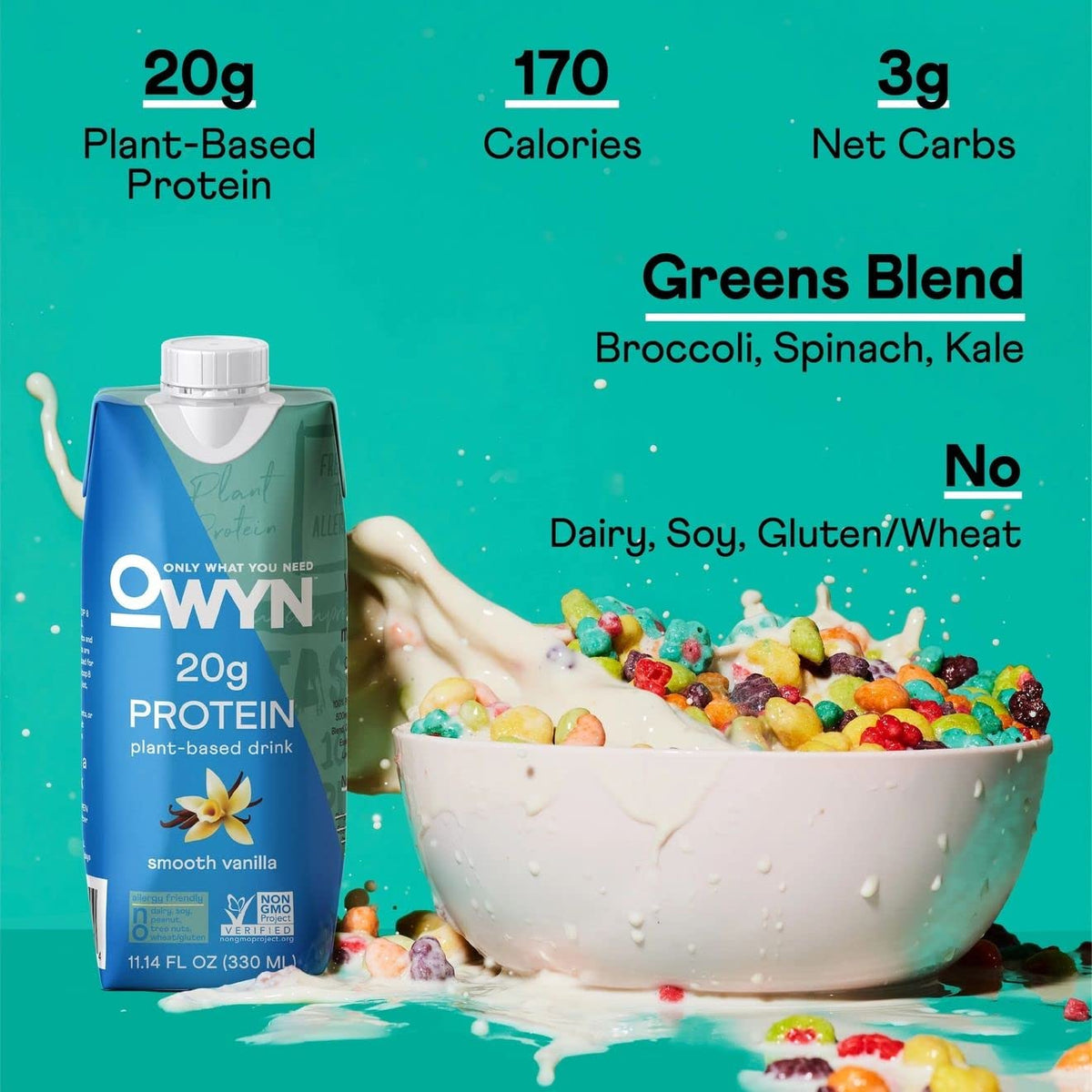 OWYN 20g Protein Shake, Chia Flax and Pea vegan protein blend with Prebiotics, Superfood Greens, gluten free, soy free. (Smooth Vanilla, 12 Pack)