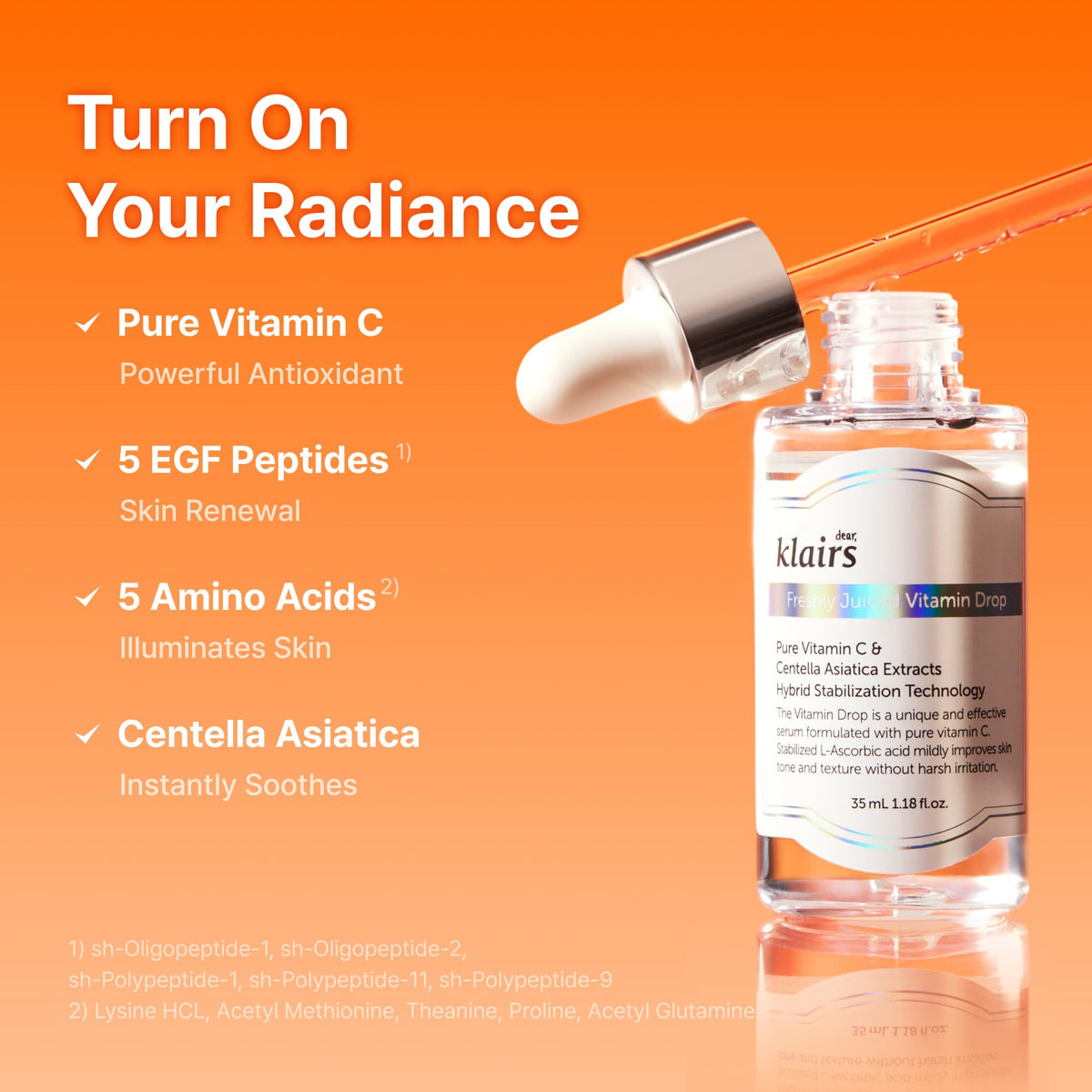 DearKlairs Vitamin C Serum – Korean Brightening Daily Serum with 5% Pure Vitamin C, EGF Peptides & Niacinamide, for Even Skin Tone, Dark Spot Care, Sensitive Skin, 1.18 Fl Oz