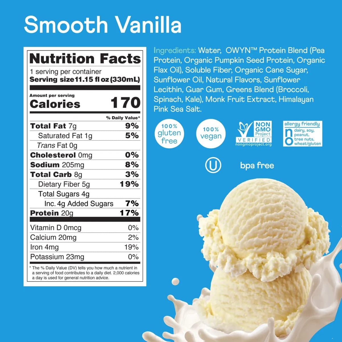 OWYN 20g Protein Shake, Chia Flax and Pea vegan protein blend with Prebiotics, Superfood Greens, gluten free, soy free. (Smooth Vanilla, 12 Pack)