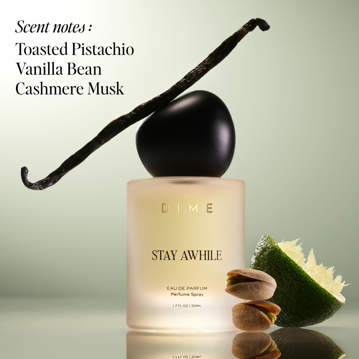 DIME Beauty Stay Awhile Perfume for Women, Warm Gourmand with Toasted Pistachio, Cashmere Musk, and Vanilla Bean Clean, Vegan, Cruelty-Free Fragrance, 1.7 oz / 50 ml