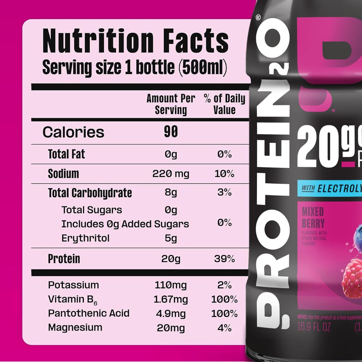 Protein2o Hydration Drink - 2-in-1 Liquid Clear Whey Protein Isolate and Electrolyte Drink - 20g Protein, Vitamins B5, B6 - Post-Workout Recovery - 16.9 Fl Oz - 12 Count Mixed Berry