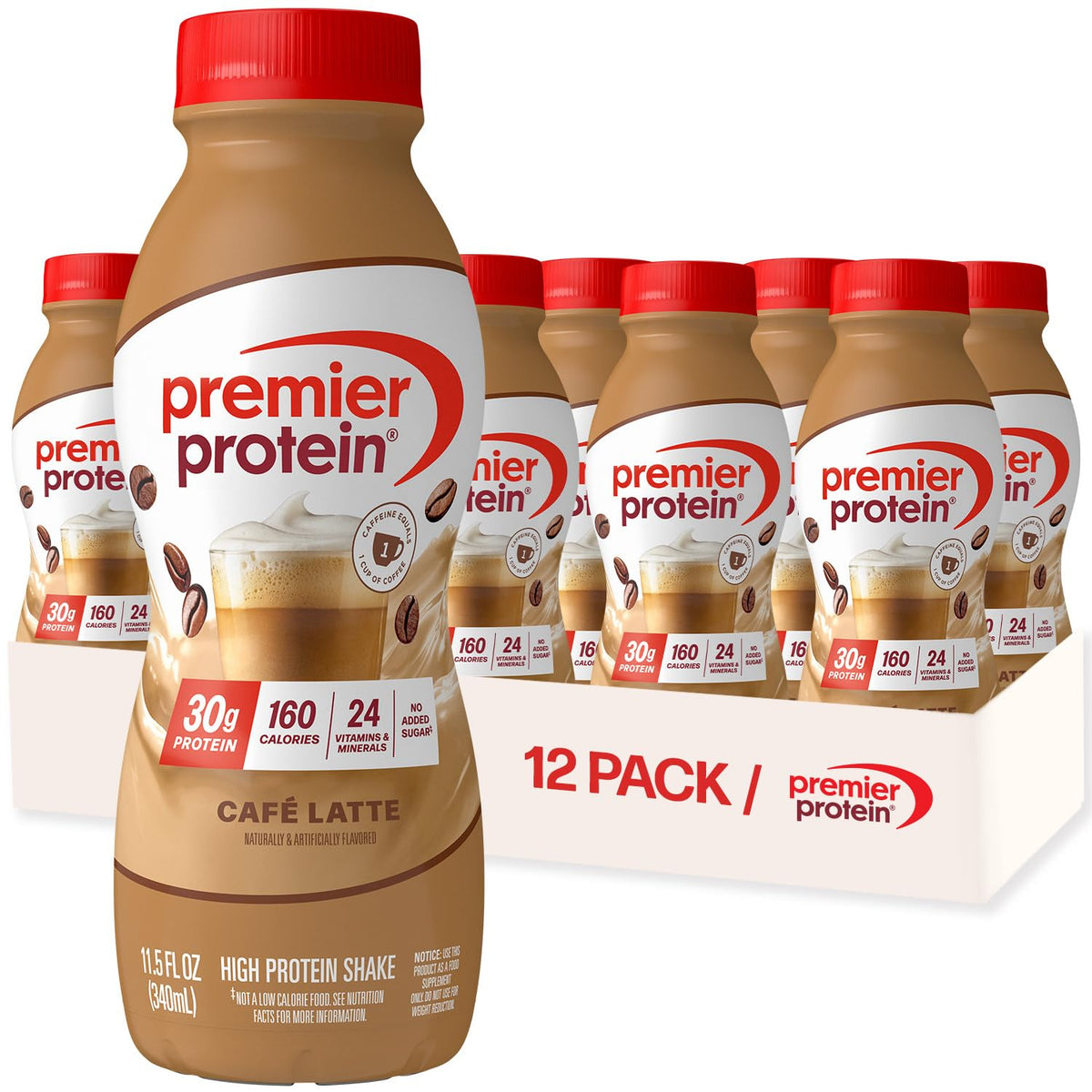 Premier Protein +Energy 30g High Protein Shake, Café Latte, 12 Pack