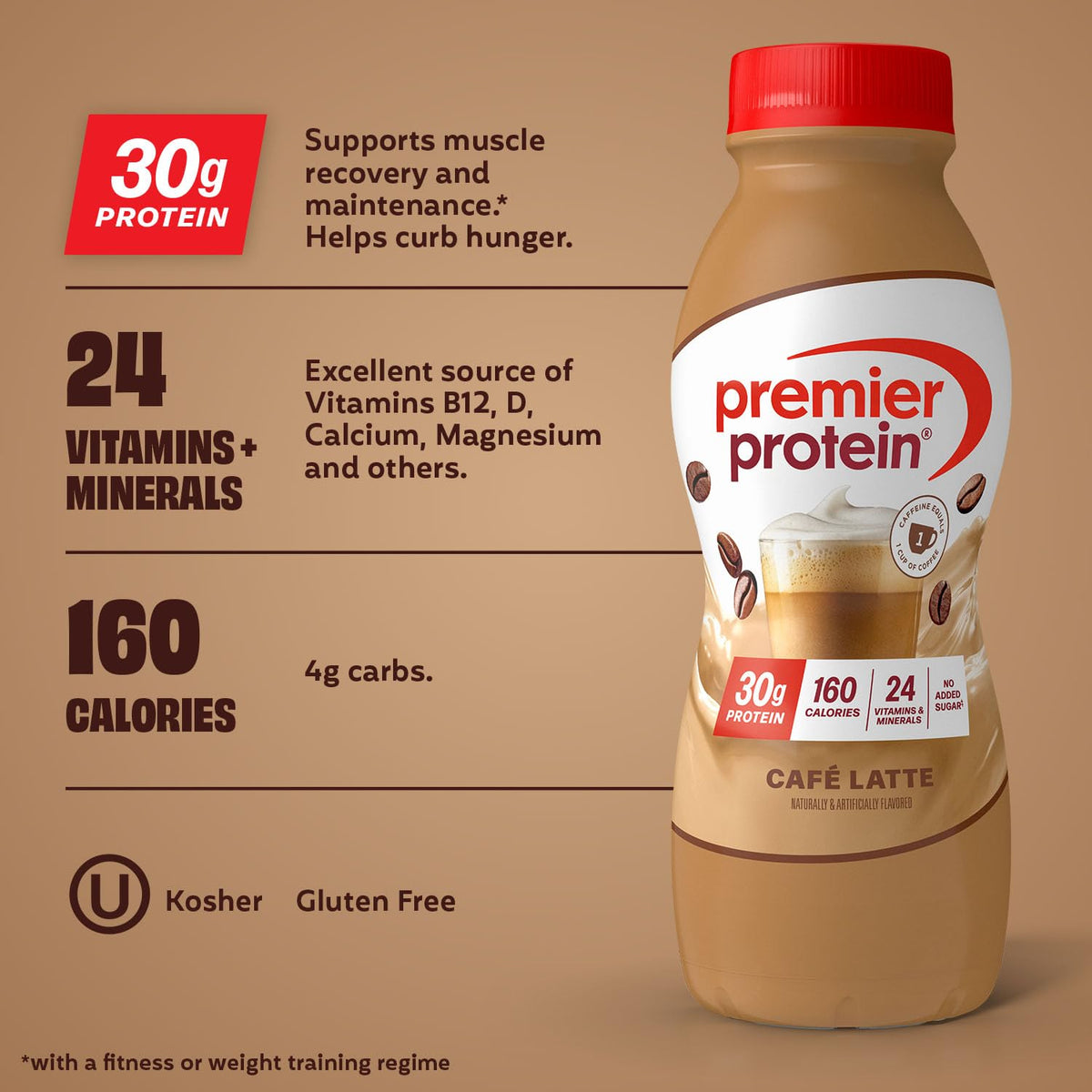 Premier Protein +Energy 30g High Protein Shake, Café Latte, 12 Pack