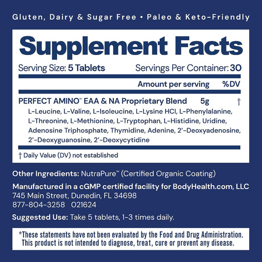 BodyHealth PerfectAmino (150 ct) Easy to Swallow Tablets, Essential Amino Acids Supplement with BCAAs, Vegan Protein for Pre/Post Workout & Muscle Recovery with Lysine, Tryptophan, Leucine, Methionine
