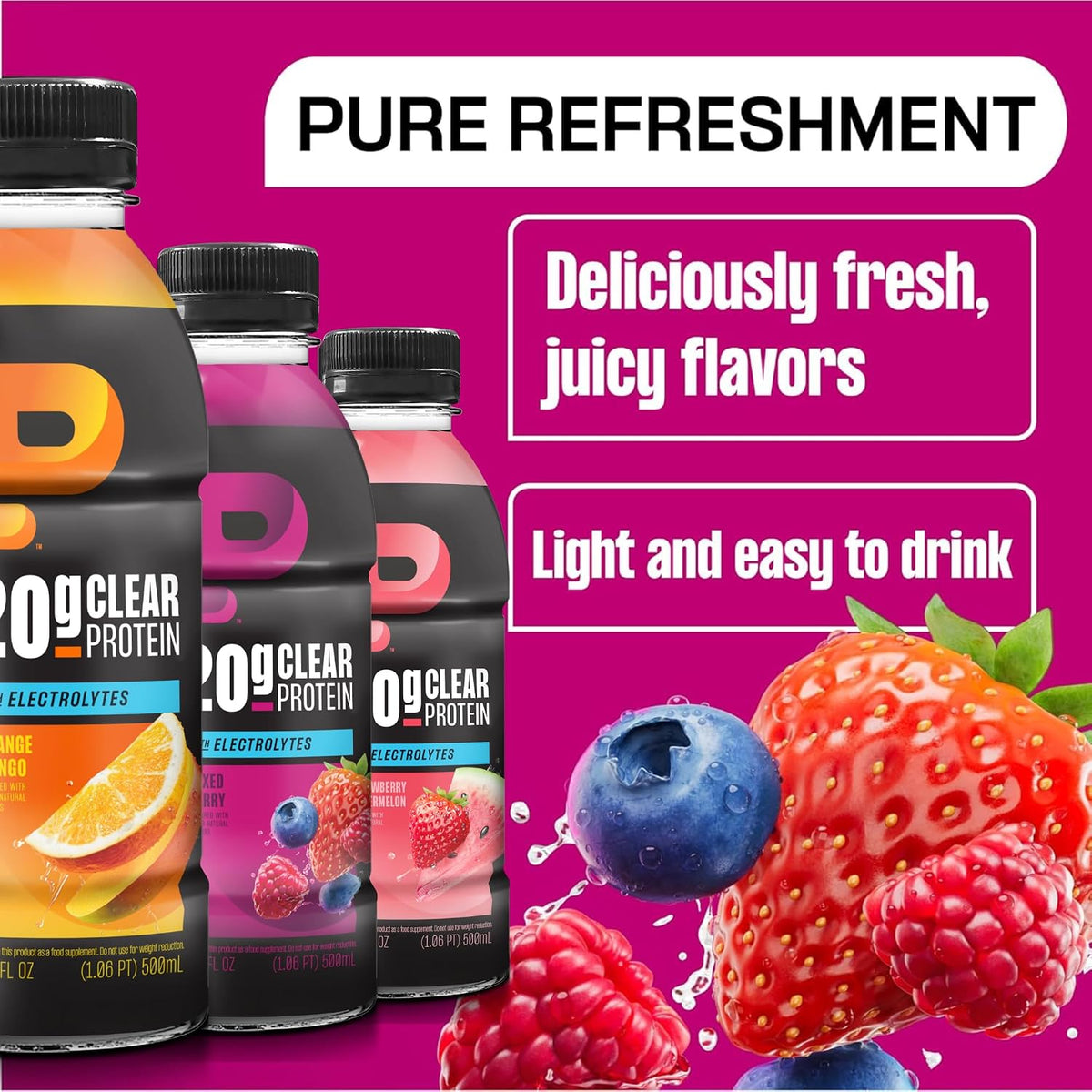 Protein2o Hydration Drink - 2-in-1 Liquid Clear Whey Protein Isolate and Electrolyte Drink - 20g Protein, Vitamins B5, B6 - Post-Workout Recovery - 16.9 Fl Oz - 12 Count Mixed Berry