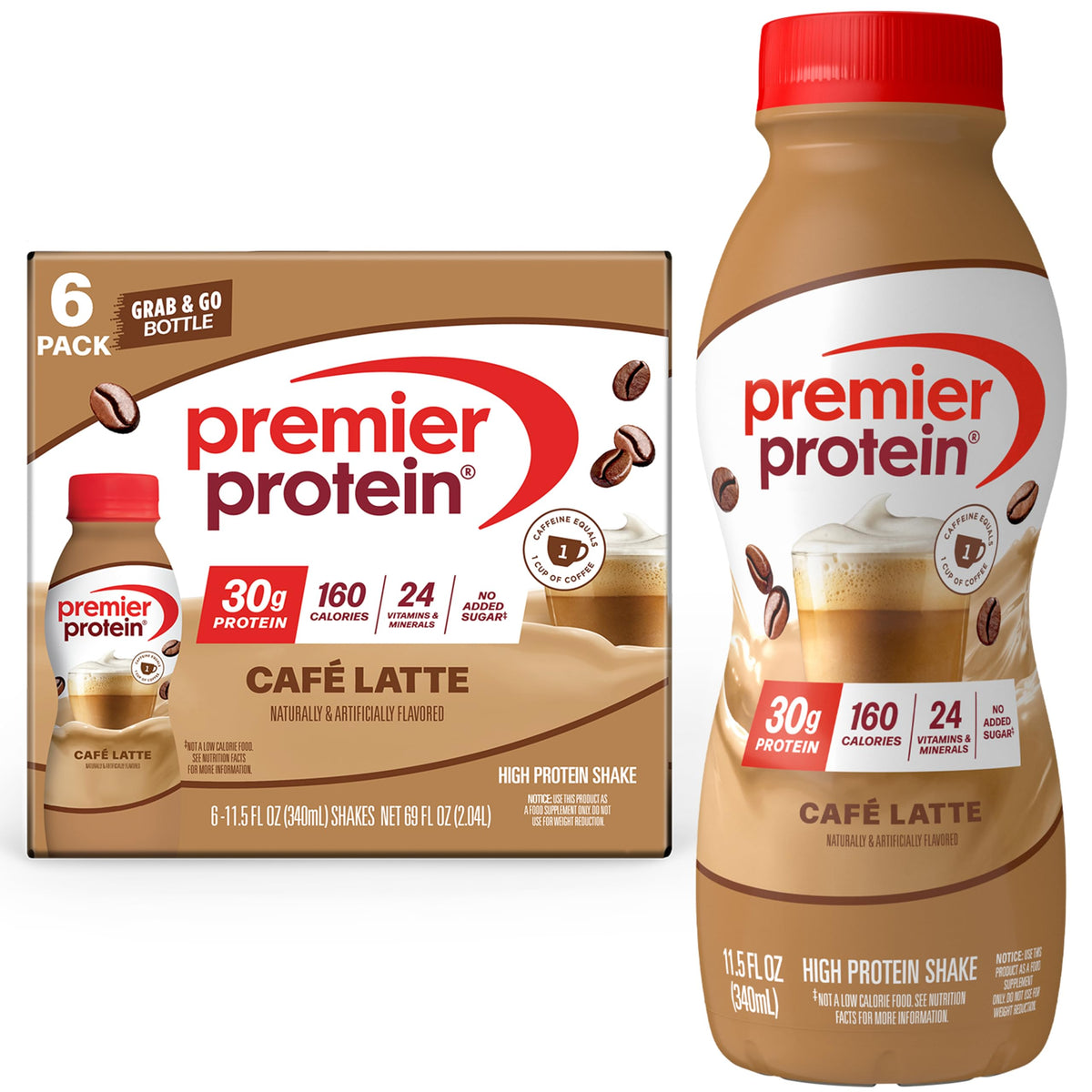 Premier Protein +Energy 30g High Protein Shake, Café Latte, 12 Pack