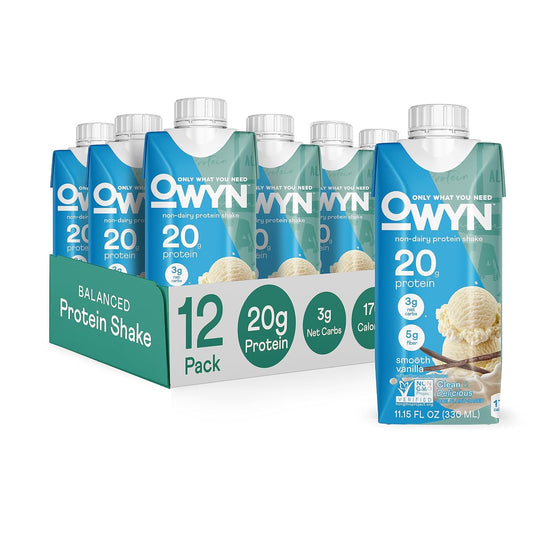 OWYN 20g Protein Shake, Chia Flax and Pea vegan protein blend with Prebiotics, Superfood Greens, gluten free, soy free. (Smooth Vanilla, 12 Pack)