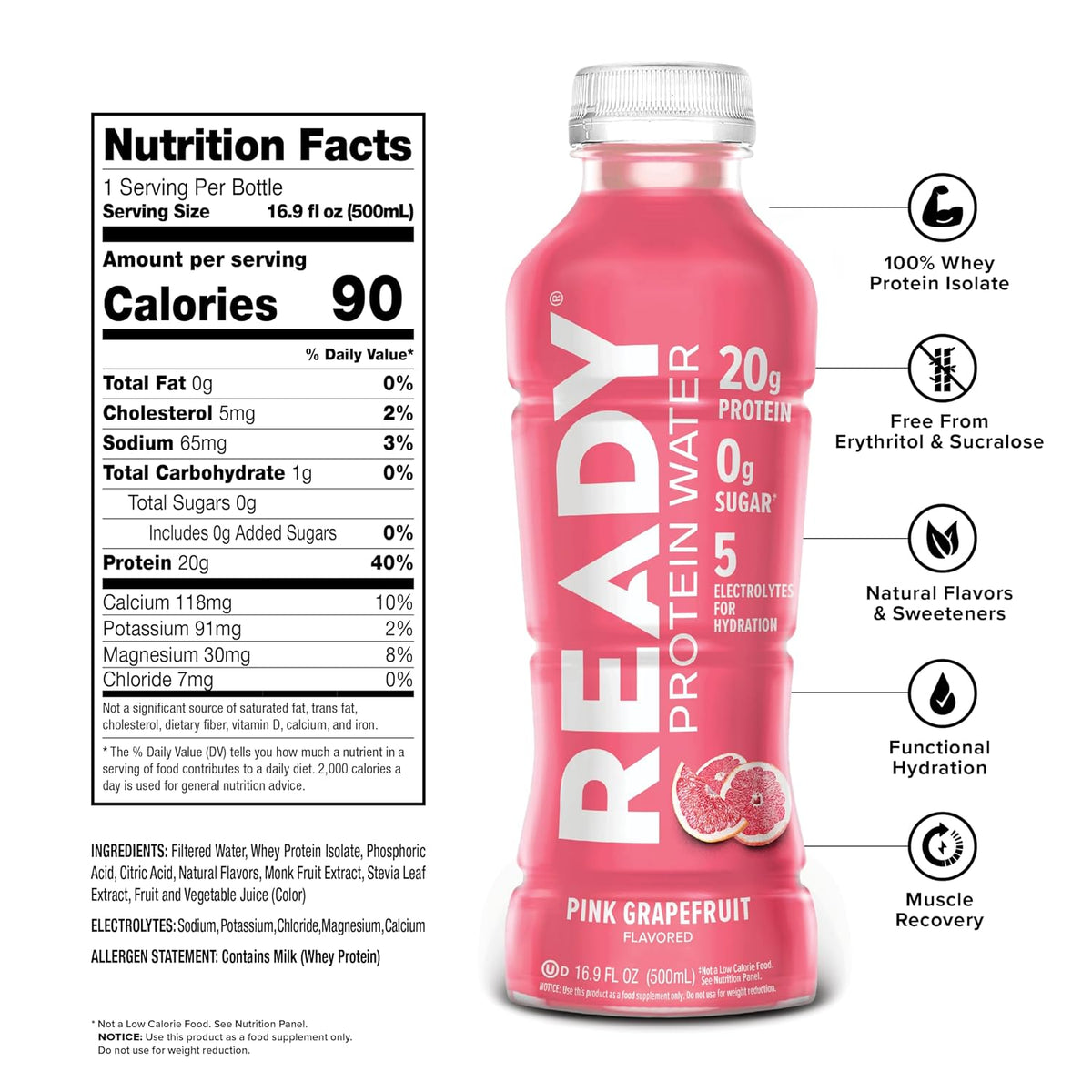 Ready Clear Protein Water, Pink Grapefruit, 20g Whey Protein Isolate 12Pack