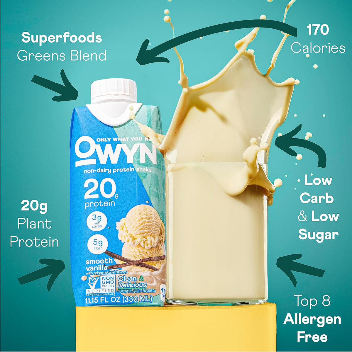 OWYN 20g Protein Shake, Chia Flax and Pea vegan protein blend with Prebiotics, Superfood Greens, gluten free, soy free. (Smooth Vanilla, 12 Pack)
